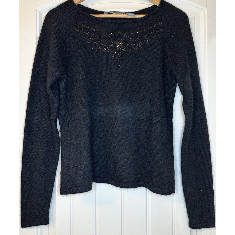 Hillard & Hanson Black Angora Wool Blend Knit Sweater Beaded Sequin‎ Floral SZ L